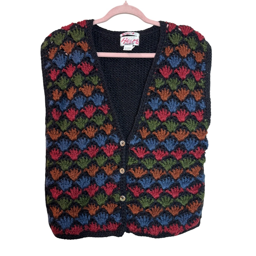 Vintage Lord & Taylor Crochet Vest 90s Textured Shell Knit Colorful Womens Large
